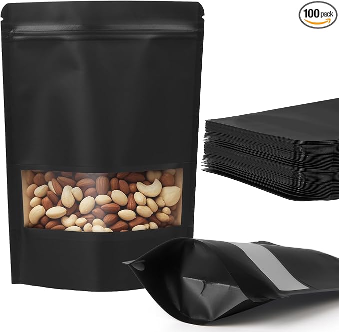 100 Pcs Black Kraft Paper Bags with Window, 6.7" x 9.4" Stand Up Pouches Bags, Food Storage Bags for Packaging Products, Reusable, Sealable by NKLEI