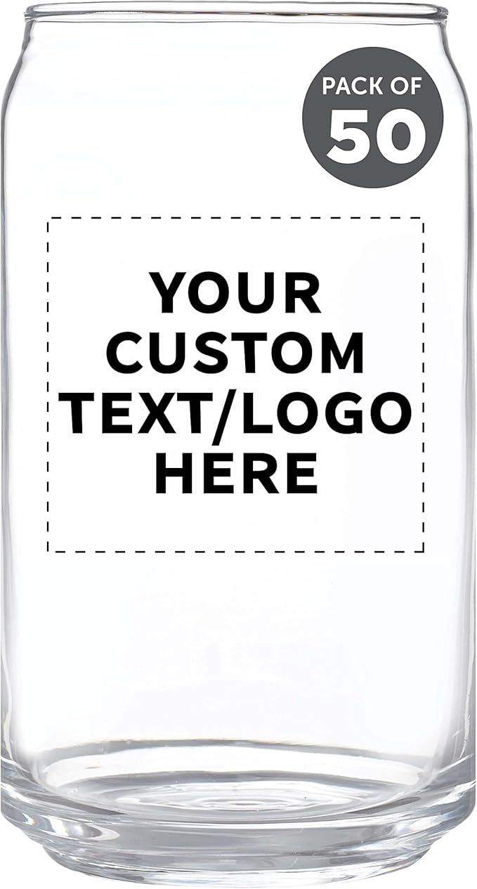 Custom Beer Can Glasses Set of 50, 16 oz. Pint Sized, Promotional Text, Logo, Soda Can Shape, Glassware, Clear