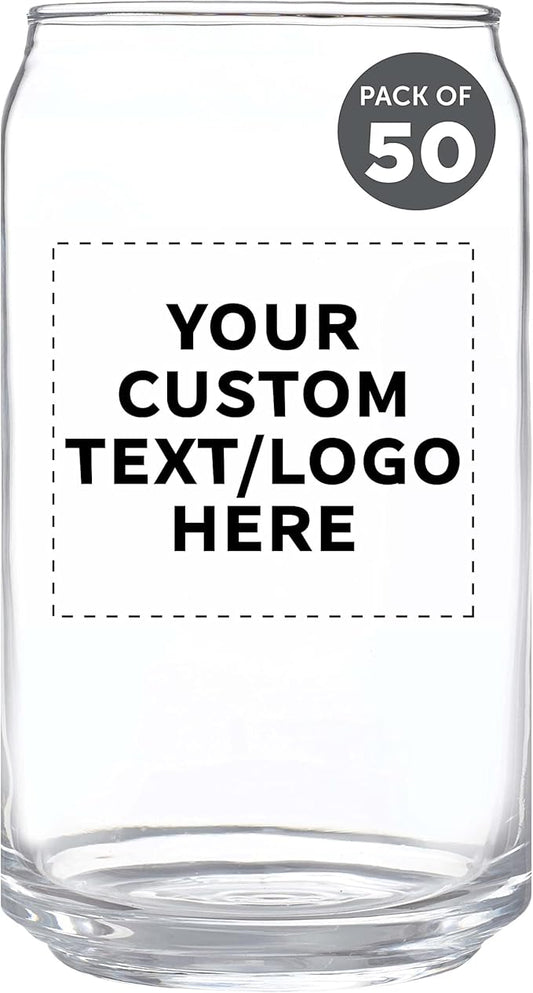 Custom Beer Can Glasses Set of 50, 16 oz. Pint Sized, Promotional Text, Logo, Soda Can Shape, Glassware, Clear