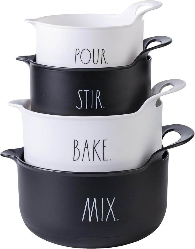 Rae Dunn Non-Slip Mixing Bowls - 4 Piece Nesting Plastic Mixing Bowl Set with Pour Spouts and Handles-Measurement Markings (Black) by RaeDunn