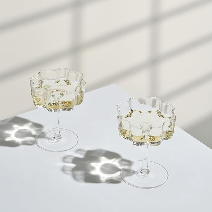 Khen Vintage Wavy Glass Coupes Martini, Champagne & Cocktail Coupes - Set of 2-7oz Colorful Cocktail Glasses & Champagne, Prosecco, Mimosa Glassware Copyright Design - Crystal Clear - Image 6