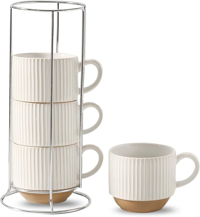 HASENSE 15 oz Ribbed Stackable Ceramic Coffee Mug Set of 4, White & Light Brown Cups with Metal Holder, Dishwasher & Microwave Safe for Cappuccino Tea Hot Cocoa, Wedding Housewarming Gifts by Hasense