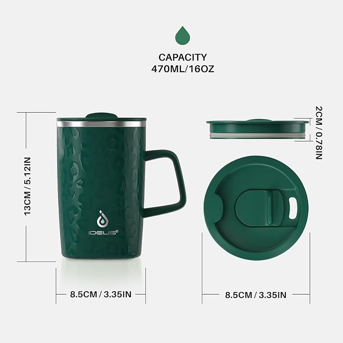 Ideus 16oz Insulated Stainless Steel Coffee Mug with Lid Leopard Dark Green | Perfect for home, office, or daily use| Easy to clean wide mouth| Sweat-proof| On the go - Image 6