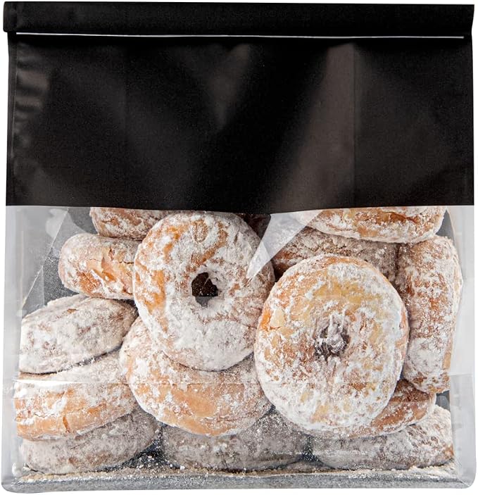 Restaurantware-Bag Tek 8.6 x 4.5 x 10.6 Inch Tin Tie Bags With Windows, 100 Resealable Bakery Bags With Windows - Flat Bottom, For Cookies or Coffee Beans, Black Cotton Paper Tin Tie Bags - Image 8