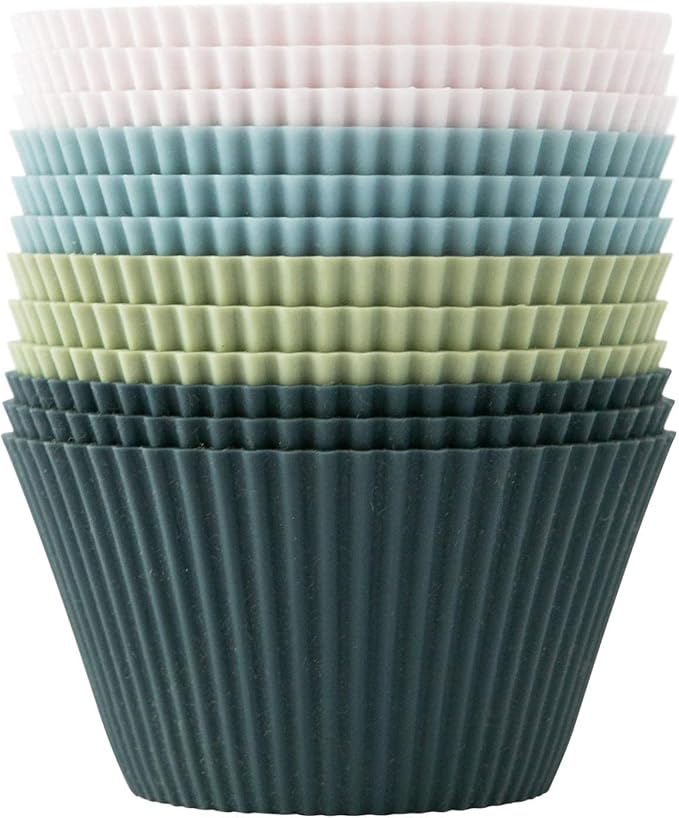 Reusable JUMBO Silicone Baking Cup, Non-Toxic, BPA Free, Dishwasher Safe, Jumbo, 12 Pack, White Blue Green by TheSiliconeKitchen