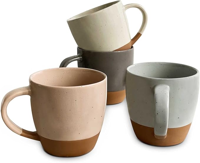 Mora Ceramic Large Latte Mug Set of 4, 16oz - Microwavable, Porcelain Coffee Cups With Big Handle - Modern, Boho, Unique Style For Any Kitchen. Microwave Safe Stoneware - Assorted Neutrals by MORA