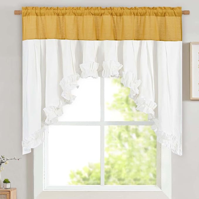 Likiyol Linen Valances for Windows Farmhouse Ruffle Swag Valance Rustic Country Window Valances Light Filtering Kitchen Curtains Rod Pocket Valance Curtains for Bathroom Cafe, Yellow White,60"W x 36"L by Likiyol