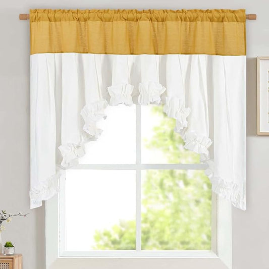 Likiyol Linen Valances for Windows Farmhouse Ruffle Swag Valance Rustic Country Window Valances Light Filtering Kitchen Curtains Rod Pocket Valance Curtains for Bathroom Cafe, Yellow White,60"W x 36"L by Likiyol