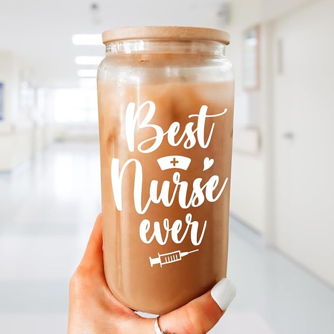 SANDJEST Nurse Cup 16 Oz Glass Can with Bamboo Lid and Straw - Nurse Gifts for Women - Appreciation Nursing Gifts for Female on Birthday