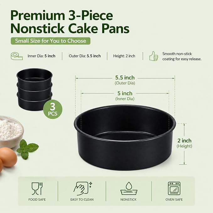 P&P CHEF 5 Inch Cake Pan Set of 3, Non-Stick Round Cake Pans | Round Cake Tins for Tier Smash Cakes, Baking Pans Set & Essential Bakeware, Stainless Steel Core & Leak-Proof - Image 2