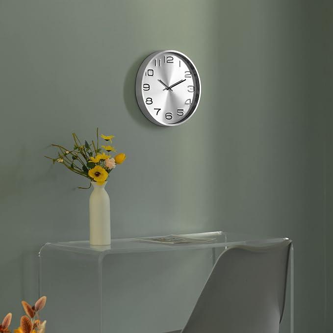 Clockswise Modern Decorative Aluminum Round Wall Clock for Living Room, Kitchen, Dining Room, Silver - Image 2
