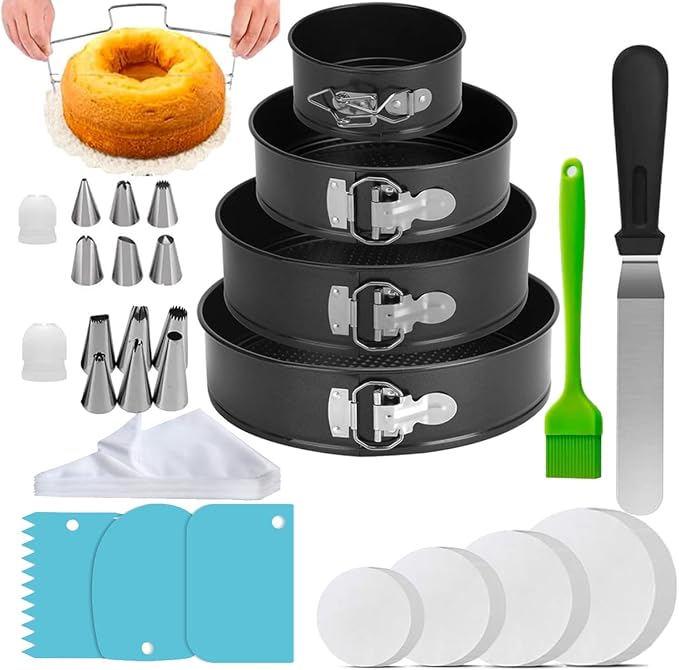 214PCS Round Cake Pan Sets for Baking Cake Decorating Supplies: 4 Non-Stick Springform Pans Set (4, 7,9,10 inches), Icing Tips, Cake Leveler – Leak-Proof Cheesecake Pan by SATIANYOU