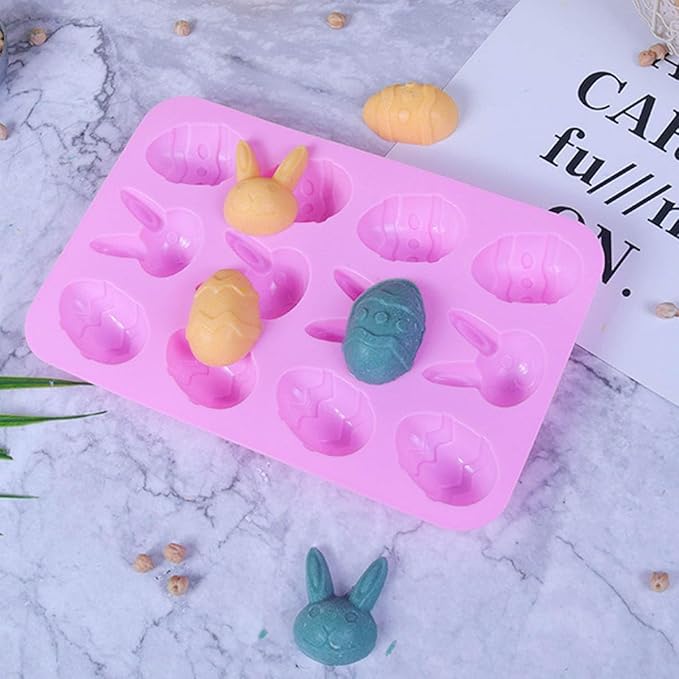 LeLehome 2PCS Eater Egg Bunny Silicone Molds, Non-Stick Festival Holiday Chocolate Cupcake Cake Candy Candle Soap Resin Ice Cube Baking Mold Eggs Rabbits Shaped, Pink