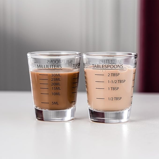 GLASKEY Shot Glasses Measuring Cup Set - 2 Pack Espresso Shot Glasses with Precise Measurement Marks,Heavy Duty Glass,Dishwasher Safe,Perfect for Coffee,Cocktails and Kitchen Use (Black & Red)
