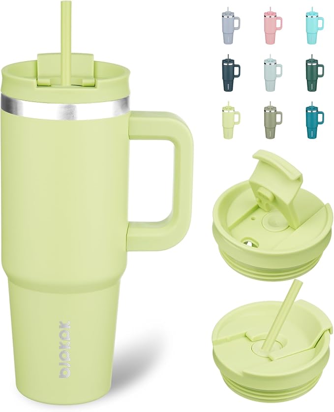 BJPKPK 30 oz Insulated Tumbler with Handle & Straw, Stainless Steel | Double Wall Vacuum Insulation, Leak Proof, BPA Free, Dishwasher Safe, Cupholder Friendly, Travel & Outdoor, Macaron Green by BJPKPK