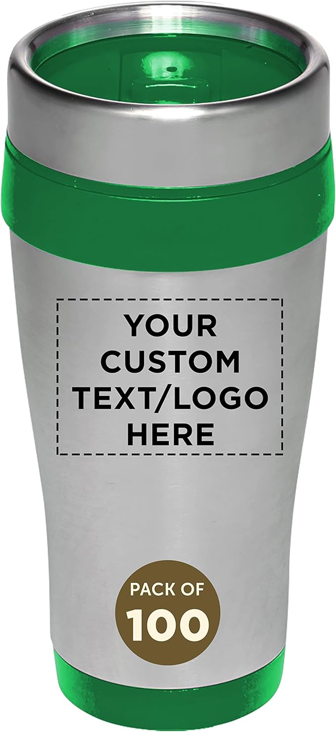 Custom Insulated Stainless Steel Travel Mugs 16 oz. Set of 100, Personalized Bulk Pack - Perfect for Coffee, Soda, Other Hot & Cold Beverages - Green