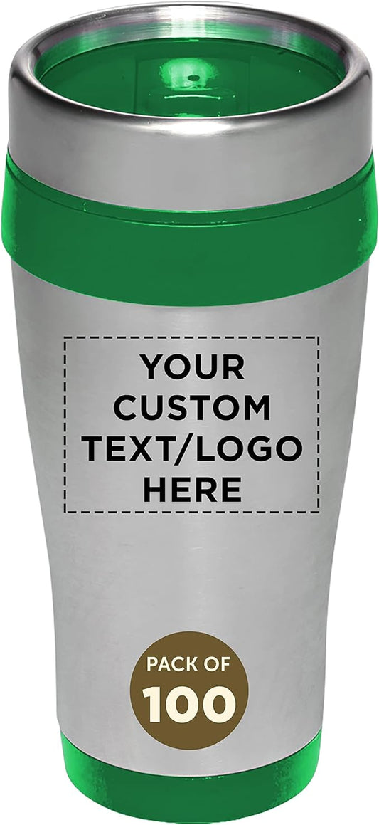 Custom Insulated Stainless Steel Travel Mugs 16 oz. Set of 100, Personalized Bulk Pack - Perfect for Coffee, Soda, Other Hot & Cold Beverages - Green