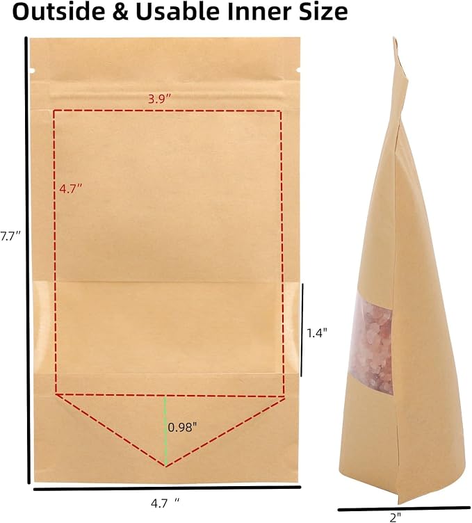 100pcs Kraft Paper Treat Bags with Window, Ziplock Stand Up Pouches for Packing Food Cookies Snacks - Image 3