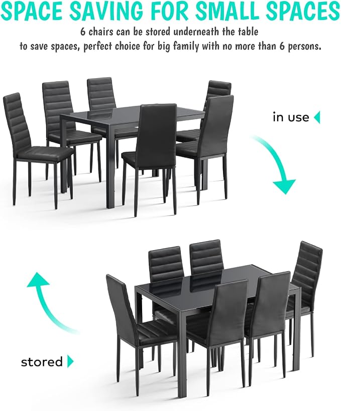 Gizoon Black 7 Piece Glass Dining Table Set, Kitchen Table and Chairs Set | PU Leather Modern Dining Room Furniture,Dining Table Sets,Space Saving Table and Chairs Set for Home, Kitchen, Living Room - Image 8