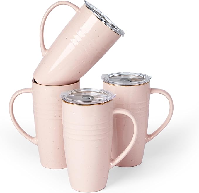 famiware Jupiter Large Coffee Mug, 20oz Coffee Mug with Lid, Ceramic Mugs Set of 4, Cup Set with Handle for Latte, Tea, Cocoa, Milk, Home & Office, Microwave and Dishwasher Safe, Light Pink by Famiware