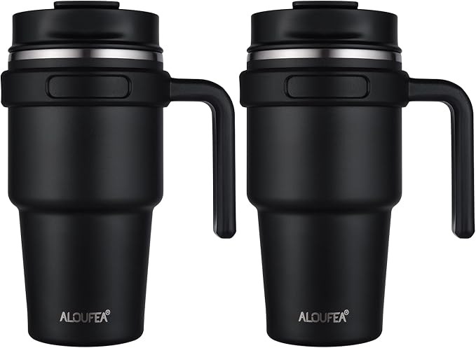 20 oz Insulated Travel Coffee Mug Tumbler with Handle and Straw | Leakproof Stainless Steel Coffee Cup with Lid, Double Wall Vacuum Ice Thermal Cup, Black, 2 Pack by ALOUFEA