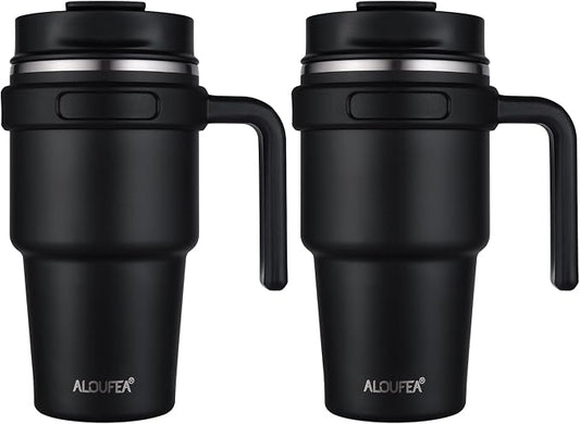 20 oz Insulated Travel Coffee Mug Tumbler with Handle and Straw | Leakproof Stainless Steel Coffee Cup with Lid, Double Wall Vacuum Ice Thermal Cup, Black, 2 Pack by ALOUFEA