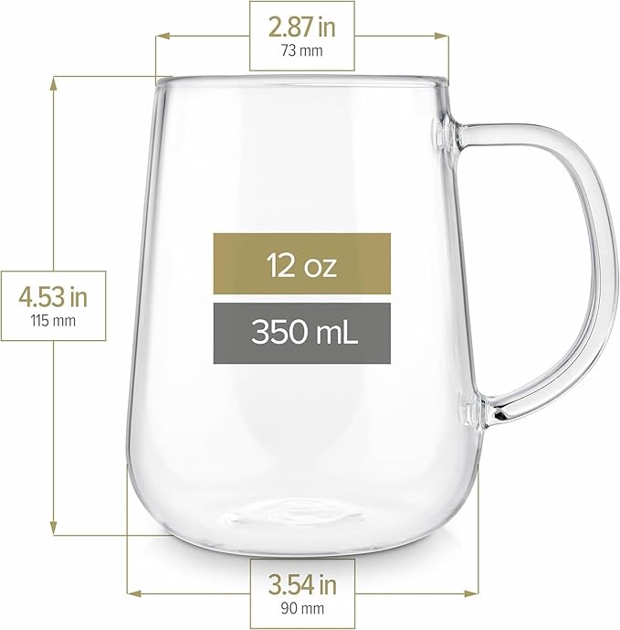 Teabloom Set of 2 Premium Borosilicate Glass Mugs for Tea or Coffee - 12 Ounces / 350 ml - Stain-free and Microwave Safe