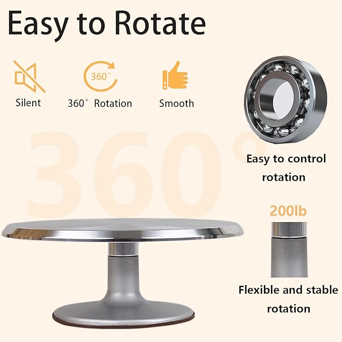 12 Inch Aluminium Alloy Revolving Cake Stand, Cake Turntable with Non-Slipping Silicone Bottom, Rotation Smooth Rotating Cake Stand for Cupcake Pastries and Cake Decorations Supply