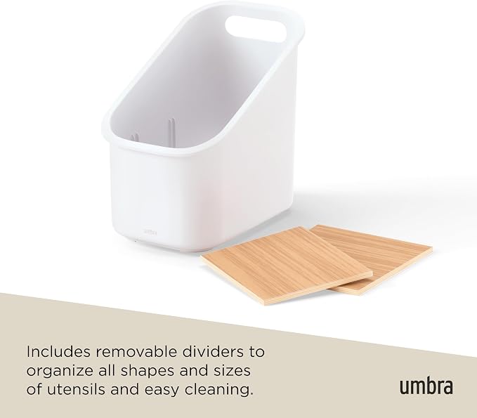 Umbra Bellwood Utensil Holder, Kitchen Storage Organizer, White/Natural | Three tier compartments, removable dividers, compact countertop fit, recycled plastic - Image 6