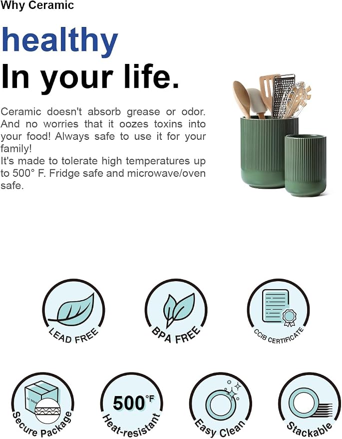 LE TAUCI Utensil Holder for Kitchen Counter, 7.3"+5.4" Fluted Ceramic Utensil Crock Organizer for Countertop, Heavy Large Holder for Spatulas, Spoons, Set of 2, Forest Green - Image 7