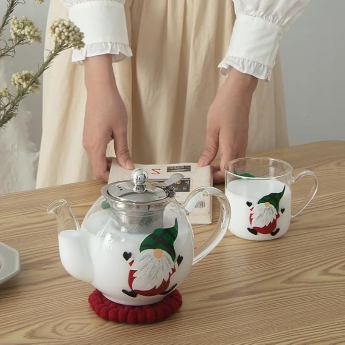 12oz/350ml Hand Painted Glass Cups With Handle,Clear Glass Coffee Cups,Coffee Glasses For Hot Beverages,Clear Mugs (Green Hat Santa)