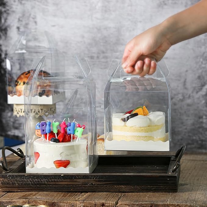 10Pcs Clear Cake Boxes with 10 Stickers and 1 Roll Ribbon Transparent Cake Carriers Plastic Cupcake Candy Food Storage Box for Home Wedding Birthday Party Favors Decor,5.5"X5.5" - Image 4