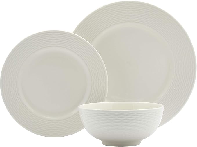 TTU Tabletops Gallery Embossed Bone White Porcelain Round Dinnerware Collection- Chip Resistant Scratch Resistant, Dubai 12 Piece Dinnerware Set (Dinner Plate, Salad Plate, Cereal Bowl) by TabletopsGallery