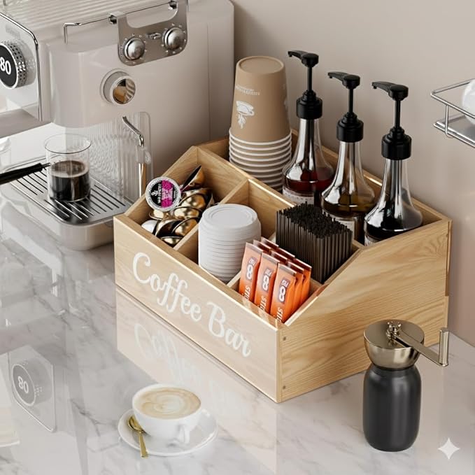 Coffee Station Organizer for Countertop – Wooden Coffee Bar Organizer with Adjustable Dividers,Holds K Cup Pod & syrup bottles, for Kitchen, Office, or Bar and Tea Station, Wood Color - Image 2