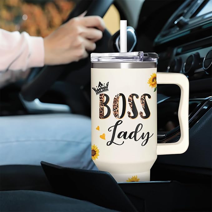 Boss Lady Tumbler 40oz with Handle - Sunflower Gifts for Women, Administrative Professional Day, Christmas - Thank You Gift for Manager
