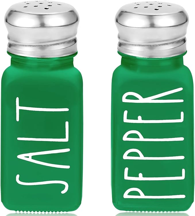 Green Salt and Pepper Shakers Set by Brighter Barns - Modern Farmhouse Kitchen Decor for Home, Restaurants, Airbnb - Cute Kitchen Decor and Accessories - Glass Shakers & Stainless Steel Lids (Green) by BrighterBarns