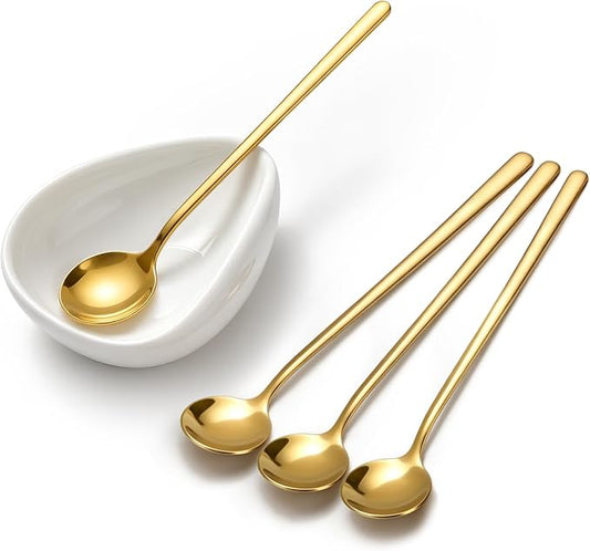 Coffee Bar Accessories: Espresso Accessories - Coffee Stirrers for Hot Cocoa Bar Supplies - Set of 4 Gold Decor Coffee Spoons with 1 Ceramic Spoon Rest - Ideal CoffeeLover Gifts by DWTSDANWEITESI