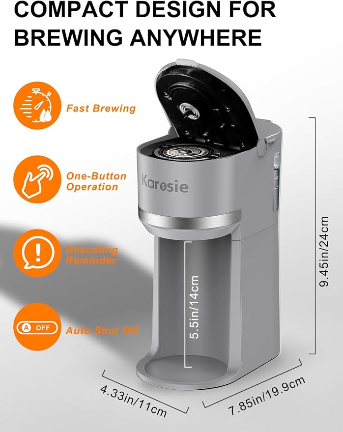 Single Serve Coffee Maker for K-Cup and Ground Coffee, Fast Brew, 6-12 oz Brew Sizes One Cup Coffee Machine Fits 5.5" Mugs, One-Button Small Coffee Maker with Descaling Reminder,Grey - Image 6