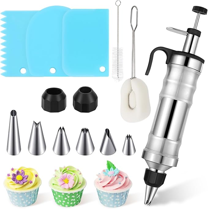 Dessert Decorating Syringe Set,Frosting Piping Kit Stainless Steels Cake Decorating Kit with 6 Icing Piping Tips 3 Cream Scraper for Frosting Cream to Make Cupcakes