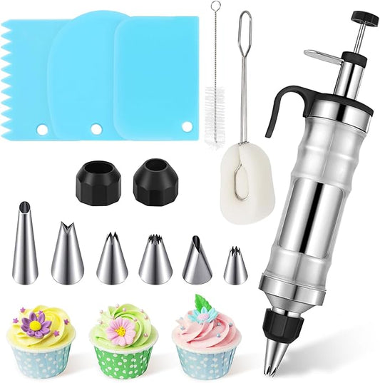 Dessert Decorating Syringe Set,Frosting Piping Kit Stainless Steels Cake Decorating Kit with 6 Icing Piping Tips 3 Cream Scraper for Frosting Cream to Make Cupcakes