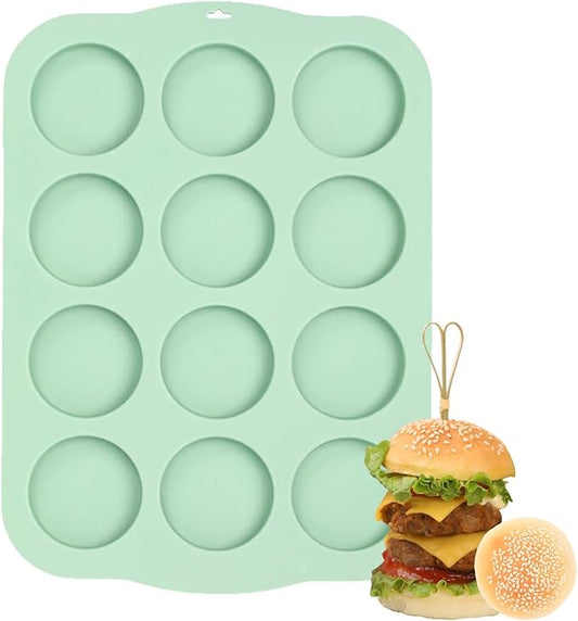QELEG Silicone Round Muffin Top Pans for Baking, 3" Non-Stick Hamburger Bun Mold Jumbo Egg Molds for Muffins, Pancake, Tarts, Corn Bread, Burger Bun, Oreo Cookie, 12 cavities, Green