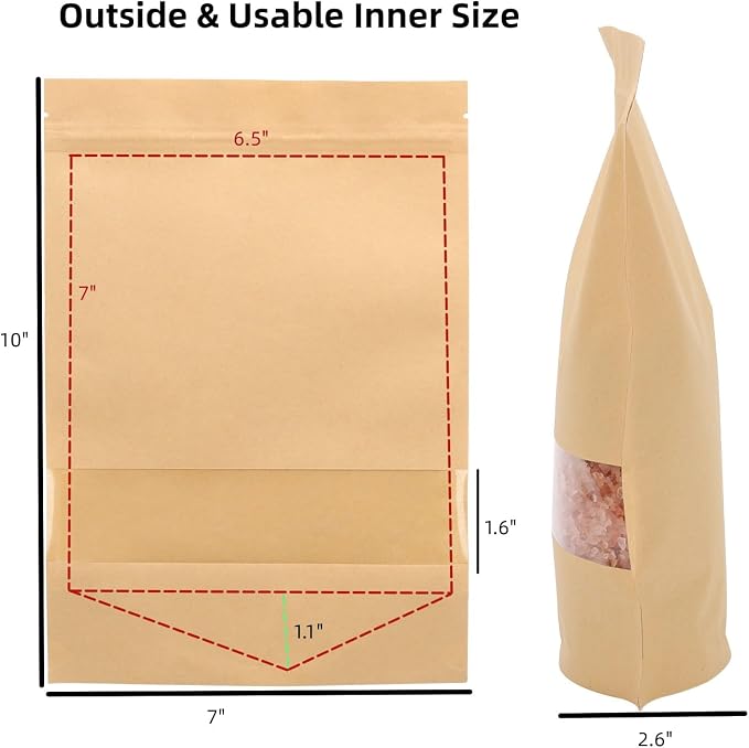 Tecbeauty 100pcs Kraft Paper Stand Up Pouches Zipper Lock Resealable Food Storage Bags with Window for Packing Cookies, Dog Treats (7 x 10inch) - Image 2