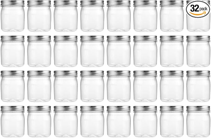novelinks 8 oz Plastic Mason Jars and Clear Plastic Jars with Lids 8 oz | 32 Pack, Silver, Plastic Containers with Lids, Small Mason Jars, Clear Jars Bulk, Spice Jars, Slime Jars, Mini Jars by novelinks