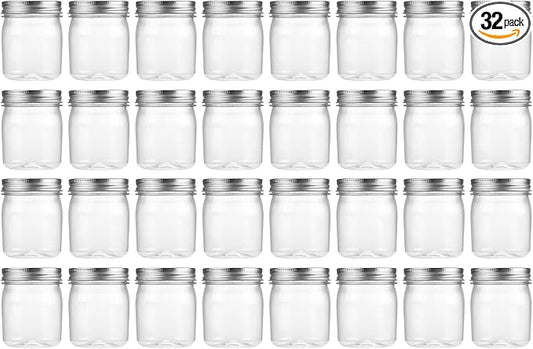 novelinks 8 oz Plastic Mason Jars and Clear Plastic Jars with Lids 8 oz | 32 Pack, Silver, Plastic Containers with Lids, Small Mason Jars, Clear Jars Bulk, Spice Jars, Slime Jars, Mini Jars by novelinks