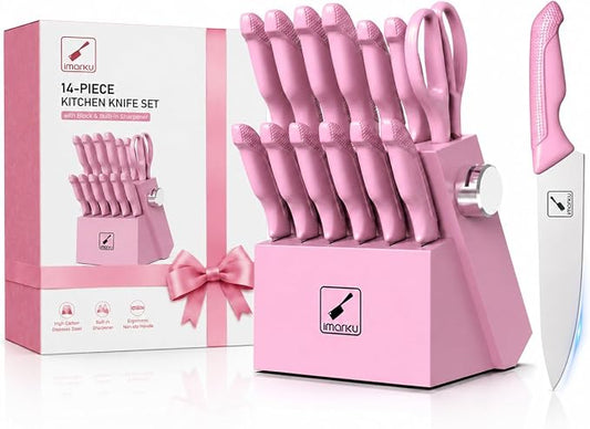imarku 14-Piece Japanese High-Carbon Stainless Steel Kitchen Knife Set，Pink | Knife Set with Block|15°Precision Edge | 56±2 HRC Hardness | Built-in Sharpener|Ergonomic Handles|Gifts Mom & Dad by imarku
