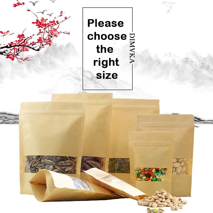 100 Pcs Resealable Stand Up kraft Paper Bags with Window for Packaging Products, Reusable Zip Lock Food Storage Pouch Bags (5.5" x 8.6") - Image 6