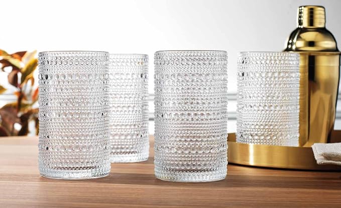 Set of 16 Hobnail Drinking Glasses 15.2 oz/450 ml Clear Highball Glasses, Drinking Set of 16 Vintage Embossed Glassware, Sturdy Heavy Duty Water Juice Cocktails, Iced Coffee Tumblers - Image 6