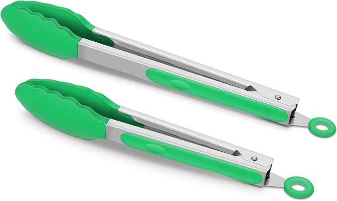 2 Pack Silicone Kitchen Tongs – 9" & 12" Set, Heat Resistant up to 500°F, Non‑Stick Cookware Safe, Wavy Silicone Tips, BPA Free, Locking Clip & Hanging Loop, Dark Green by ALLWIN-HOUSEWARE