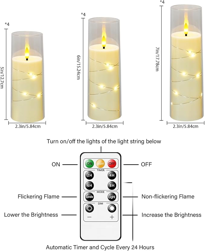 Sasigeiaa Flameless Candles with Embedded Star String - Battery Operated LED Candles, with Remote,12 Ivory Flickering Candles for Christmas, Weddings, Home Decor & Party,(D 2.3"×H 5" 6" 7") - Image 3