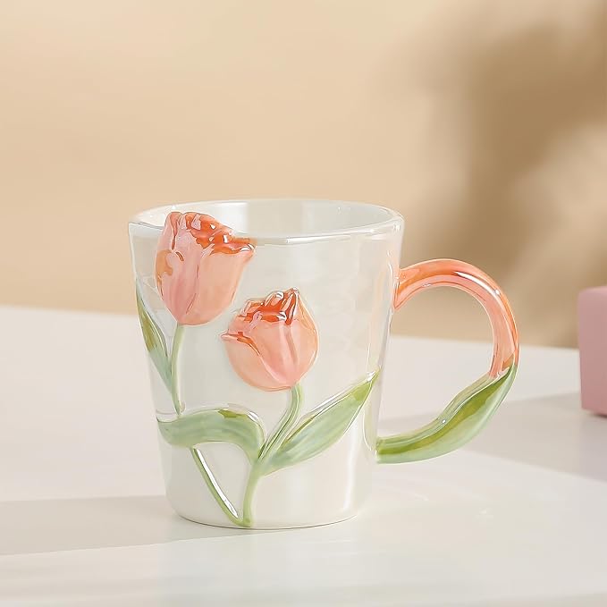 Hand Drawn Ceramic Coffee Mug 11.8Oz, Personalized Cute Tea Cup for Women, Unique Gift for Mom Wife Best Friend, Home Office Use, Orange Color - Image 3